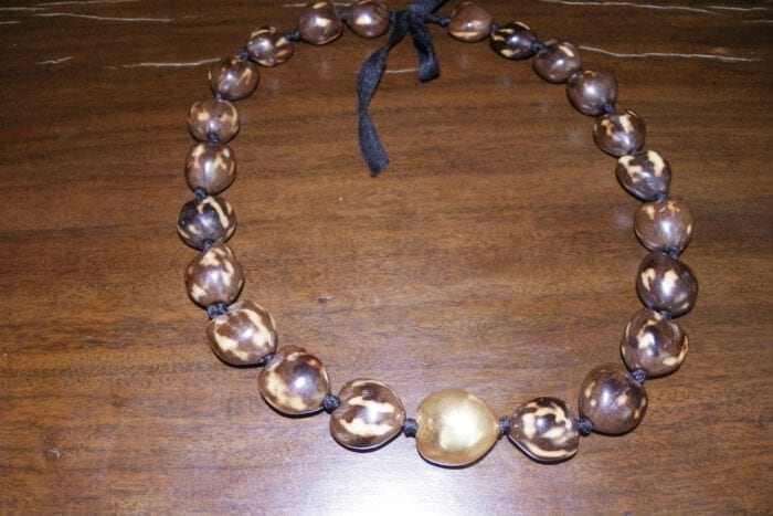 27" Brown Tiger Eye Kukui Nut Lei w/24K Gold