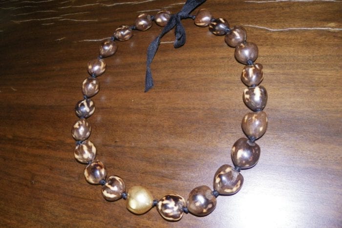 27" Brown Tiger Eye Kukui Nut Lei w/24K Gold