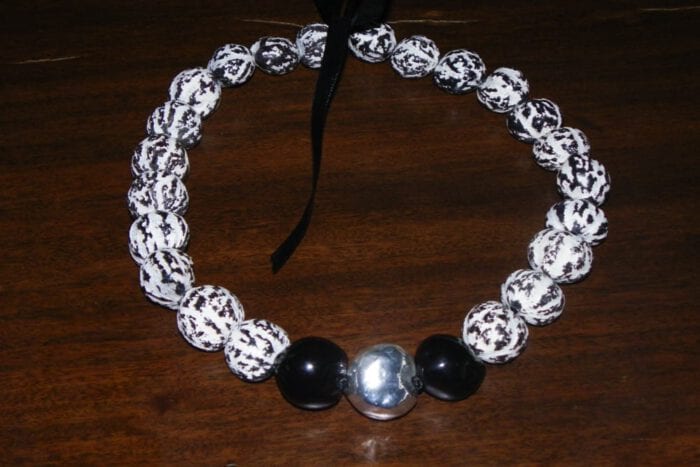 23 inch Black and White Tiger Kukui Nut Lei w/Pure Silver Plated Center Kukui