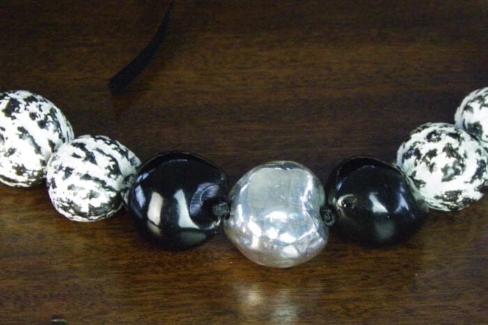 23 inch Black and White Tiger Kukui Nut Lei w/Pure Silver Plated Center Kukui