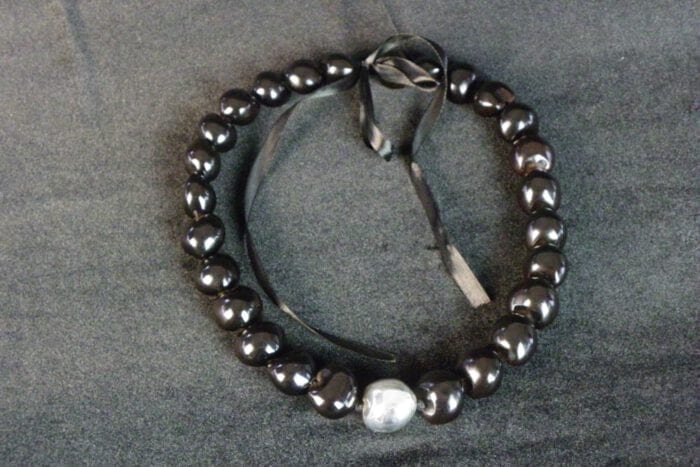 25 inch Black Kukui Nut Lei with 99% Pure Silver Plated Center Kukui