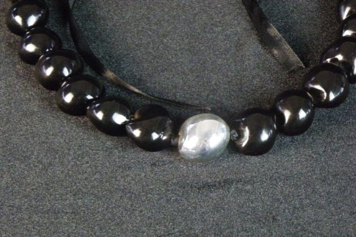 25 inch Black Kukui Nut Lei with 99% Pure Silver Plated Center Kukui