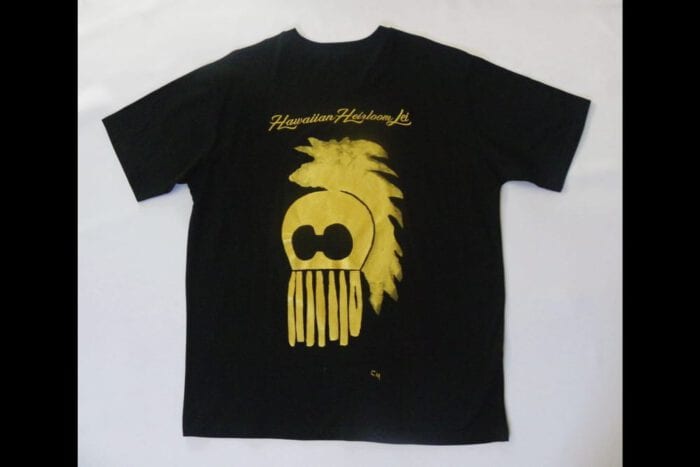 Black Hand Painted T Shirt with Maile Shoulder Strand and Makini, USA size XXL