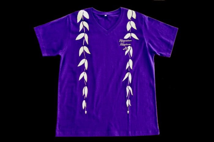 Purple Hand Painted T Shirt with Hawaiian Maile Lei, USA size L