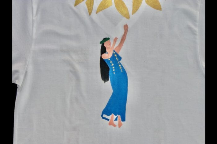 White Hand Painted T-shirt with Maie Lei and Hula Dancer, USA size M