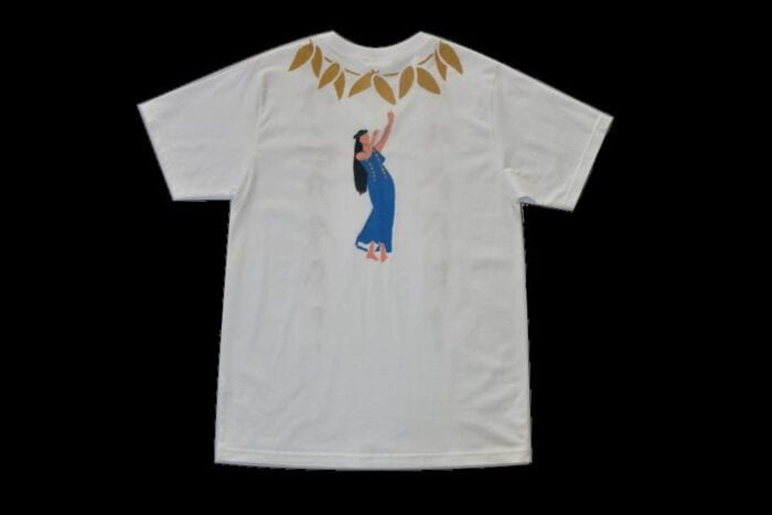 White Hand Painted T-shirt with Maie Lei and Hula Dancer, USA size M